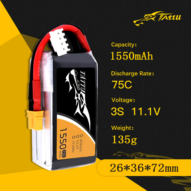 TATTU 3S 11.1V 1550mAh 75C LiP - đánh giá và giá Drone Battery Li-Ion